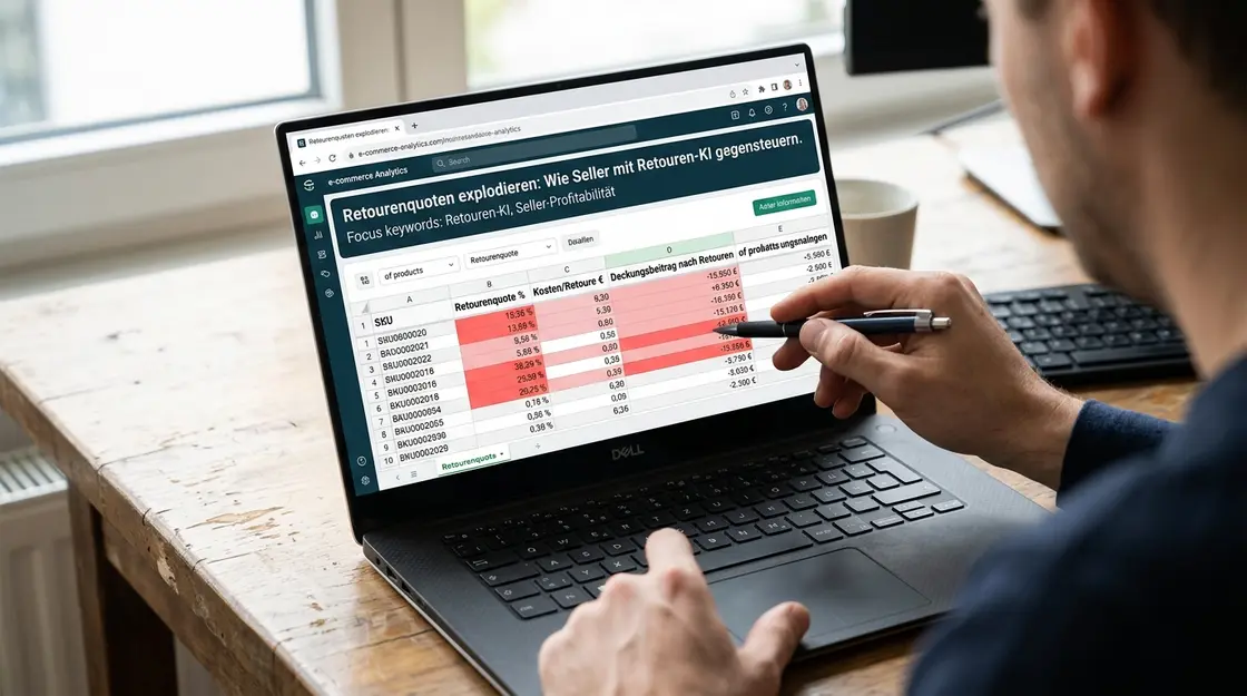 Laptop-Bildschirm mit SKU-Analyse und Deckungsbeitrag nach Retouren