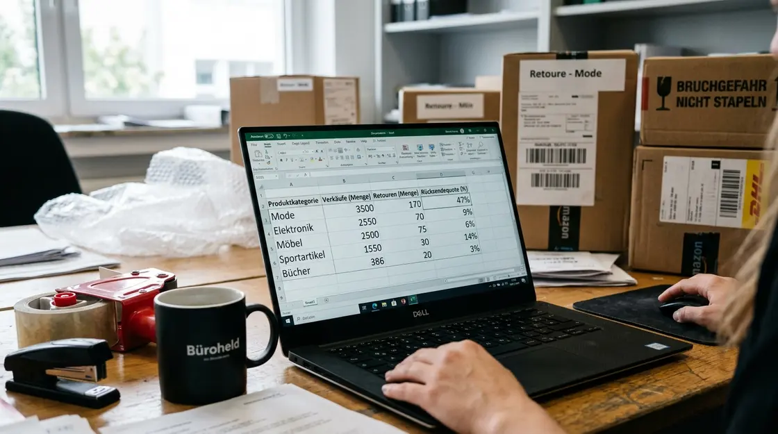 Laptop-Bildschirm zeigt Retourenquoten nach Produktkategorie für E-Commerce-Seller