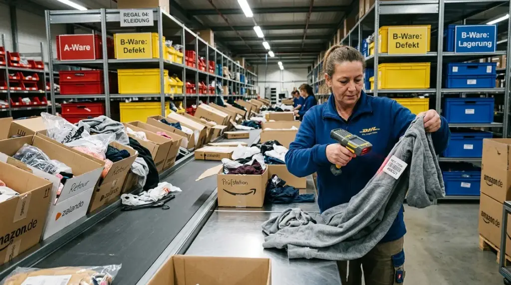 Retouren, Rentabilität – Lagermitarbeiter scannt retournierte Modeartikel im E-Commerce-Retourenzentrum