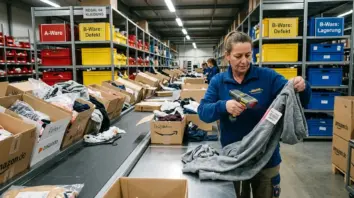 Retouren, Rentabilität – Lagermitarbeiter scannt retournierte Modeartikel im E-Commerce-Retourenzentrum