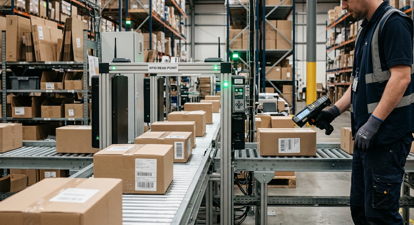 RFID Logistik mit Scanner und Paketen im Lager