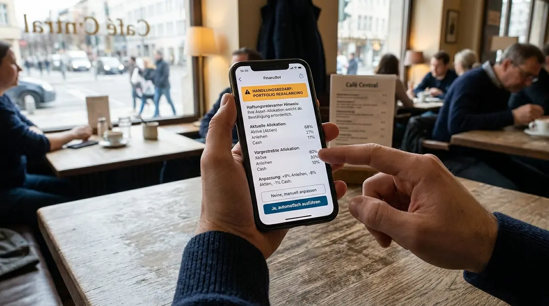 Robo-Advisor App zeigt automatische Portfolio-Umschichtung mit Warnsymbol