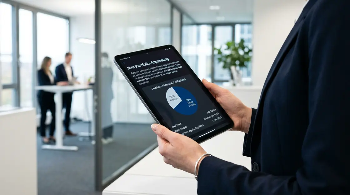 Robo-Advisor App mit KI-gestützter Portfolioerklärung auf Tablet