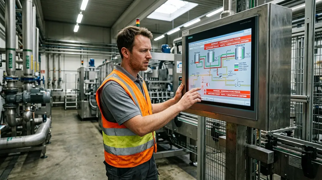 SCADA, OT-Sicherheit – Industrieingenieur vor SCADA-HMI-Panel mit Sicherheitswarnung in Fertigungshalle