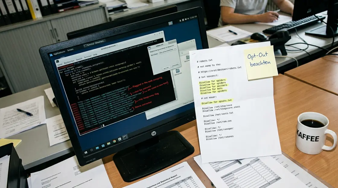 Terminal mit Scraping-Script und Opt-Out-Warnungen auf Monitor