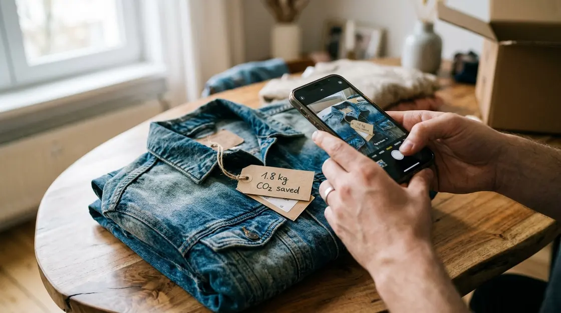 Secondhand-Kleidung wird für Vinted-Listing fotografiert mit CO2-Einsparungs-Hinweis