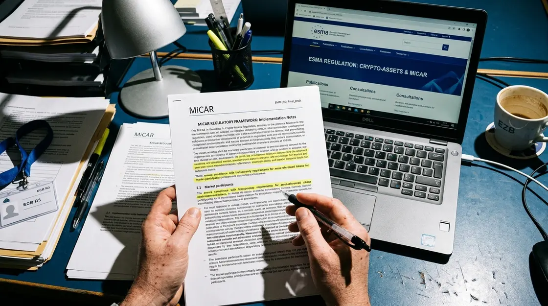 Compliance-Mitarbeiterin markiert MiCAR-Regulierungstext zu digitalen Wertpapieren