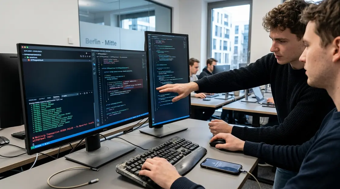 Entwickler analysiert Sicherheitslücke in Solidity Smart Contract Code auf Bildschirm