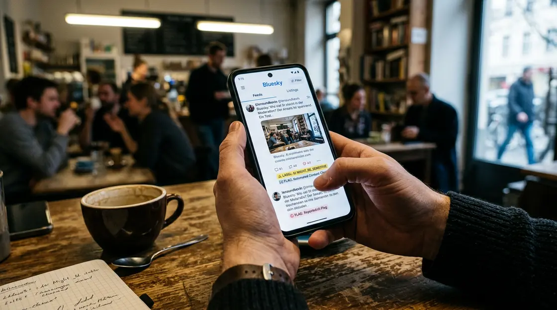 Social Apps, KI-Moderation – Smartphone mit Bluesky-App und sichtbaren KI-Moderations-Labels