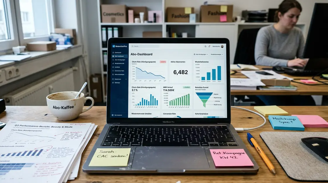 Subscription Management Dashboard mit Churn Rate und Retention-Metriken auf Laptop-Bildschirm