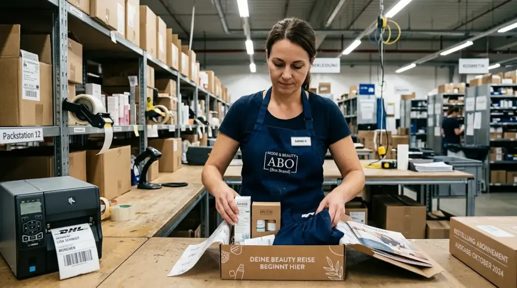 Subscription E-Commerce, Kundenbindung – Mitarbeiterin packt Subscription Box mit Mode und Beauty Produkten im Fulfillment Center