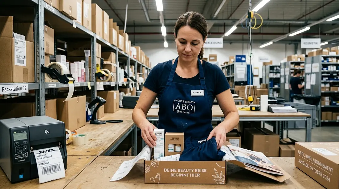 Subscription E-Commerce, Kundenbindung – Mitarbeiterin packt Subscription Box mit Mode und Beauty Produkten im Fulfillment Center