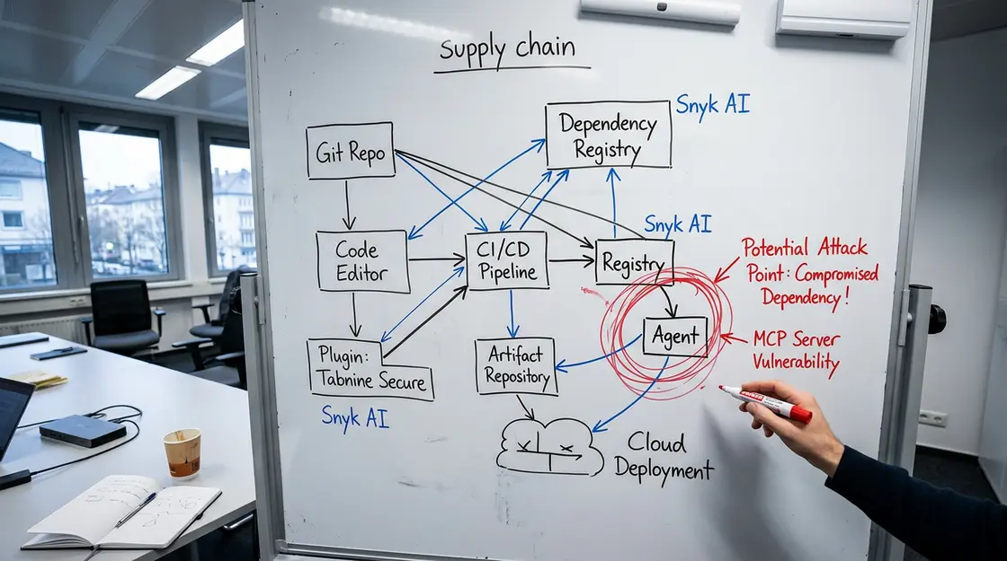 Whiteboard-Diagramm der KI-Supply-Chain mit markierten Angriffspunkten für Plugin- und Agenten-Risiken
