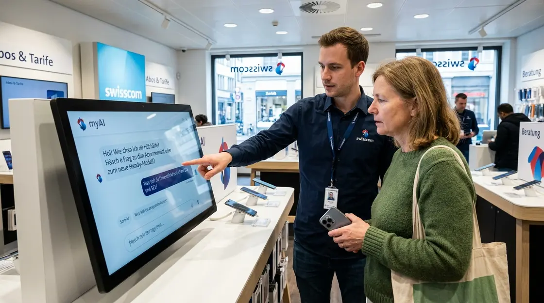 Telko KI-Kuratierung, Mainstream KI-Adoption, Vertrauensmarke – Swisscom Mitarbeiterin erklärt myAI-Assistent an einem digitalen Display in einem Swisscom Shop