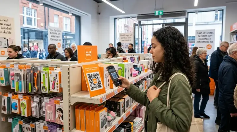 Temu Pop-up-Stores, Omnichannel – Temu Pop-up-Store London mit Kunden am QR-Code-Regal