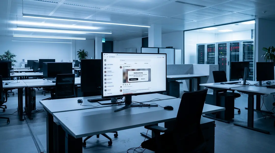 Threads-Webinterface mit Content-Warning-Overlay auf einem Büromonitor