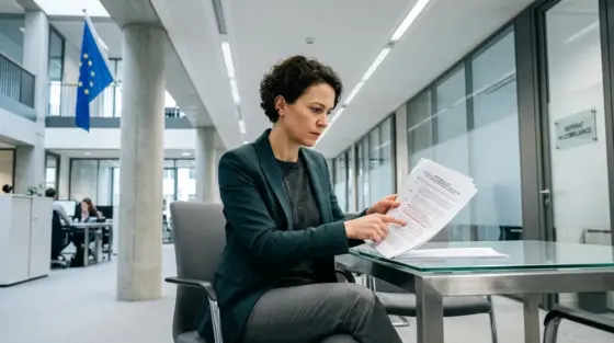 Trainingsdaten, EU-KI-Verordnung – Person prüft EU-KI-Verordnung Dokument zu Trainingsdaten Auskunftsrecht