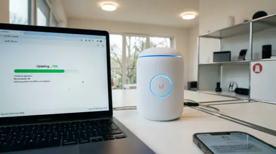Ubiquiti, Router-Sicherheit – Ubiquiti UniFi Router mit geöffneter Firmware-Update-Oberfläche auf Laptop-Bildschirm
