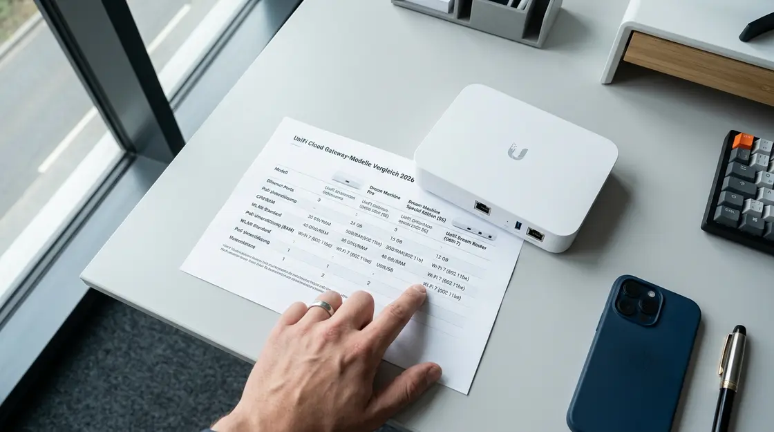 UniFi Dream Router 7 neben Geräte-Vergleichstabelle der UniFi Cloud Gateways