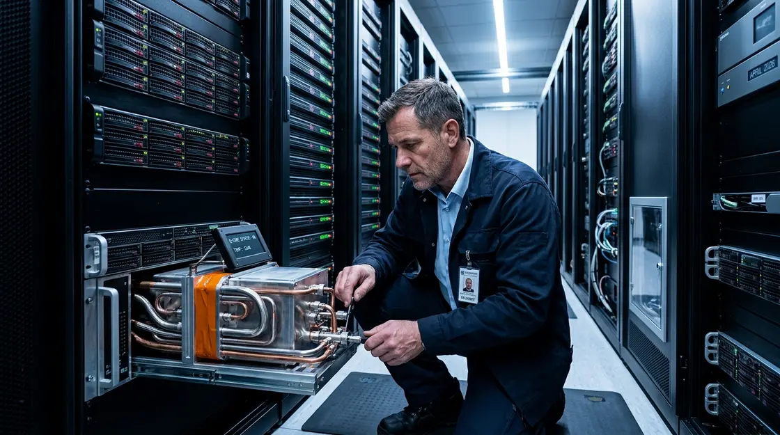 IT-Ingenieur inspiziert Quantenprozessor-Einheit in Serverraum einer Finanzinstitution