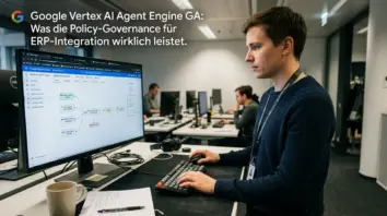 Vertex AI, Agent Engine, ERP-Integration – Vertex AI Agent Engine Dashboard auf Monitor mit ERP-Integration-Workflow