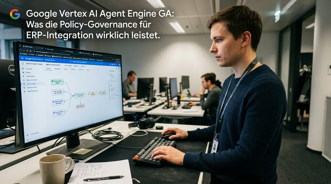 Vertex AI, Agent Engine, ERP-Integration – Vertex AI Agent Engine Dashboard auf Monitor mit ERP-Integration-Workflow