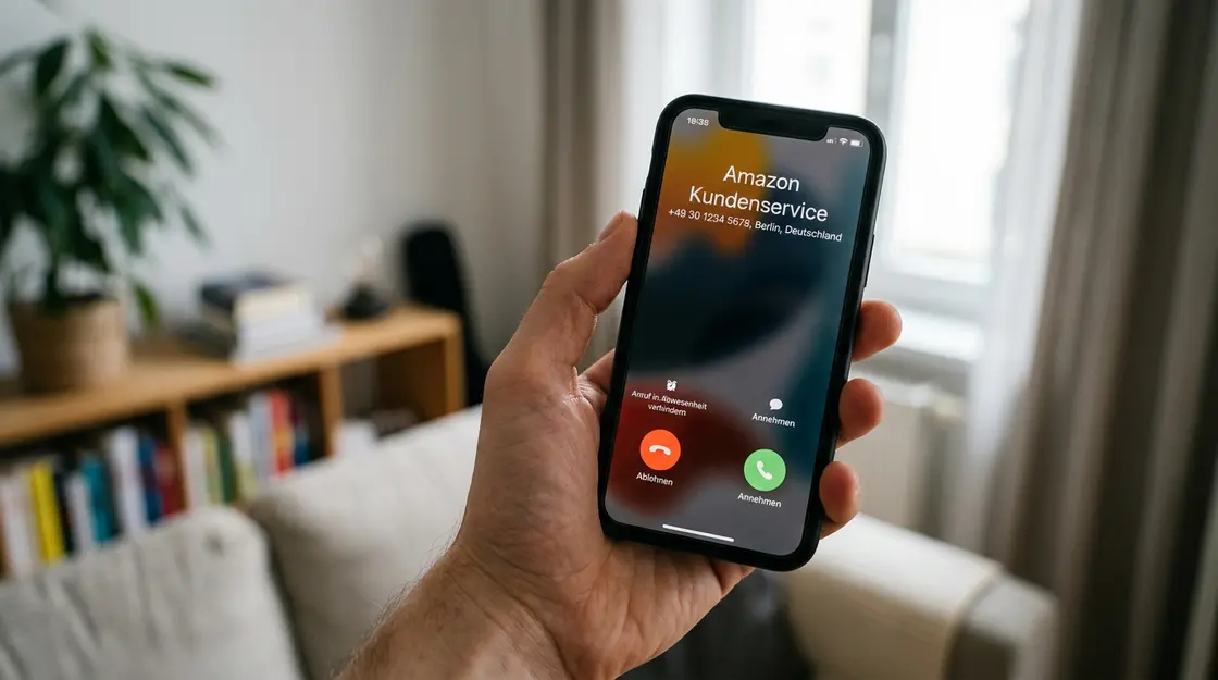 Gefälschter Amazon-Anruf mit gespoofter Rufnummer auf Smartphone-Display