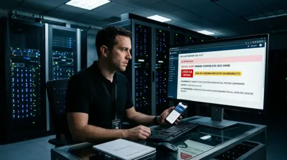 VMware vCenter, CISA KEV – Security-Engineer vor CISA-KEV-Dashboard mit VMware vCenter CVE-2024-37079 Kritisch-Warnung