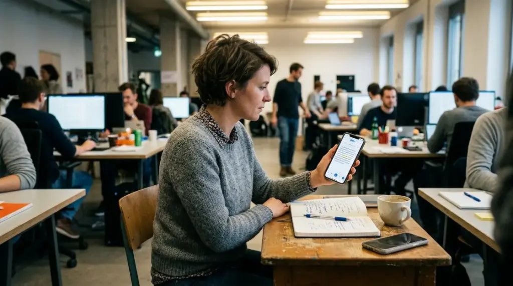 Voice-KI Apps, Echtzeit-Transkription – Smartphone mit Voice-KI-App zeigt Echtzeit-Transkription im Meeting