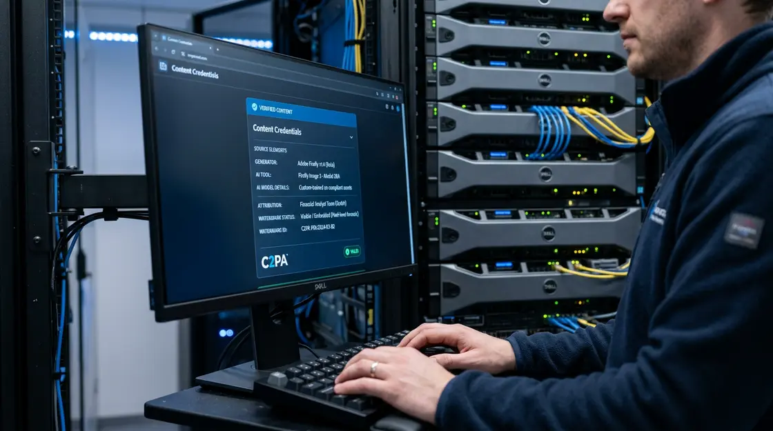 Content Credentials Metadaten-Panel für KI-Watermarking auf einem Server-Monitor