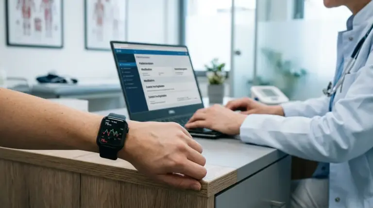 Wearables, Health-APIs – Smartwatch zeigt Herzratenvariabilität neben elektronischer Patientenakte – Wearables und Health-APIs 2026