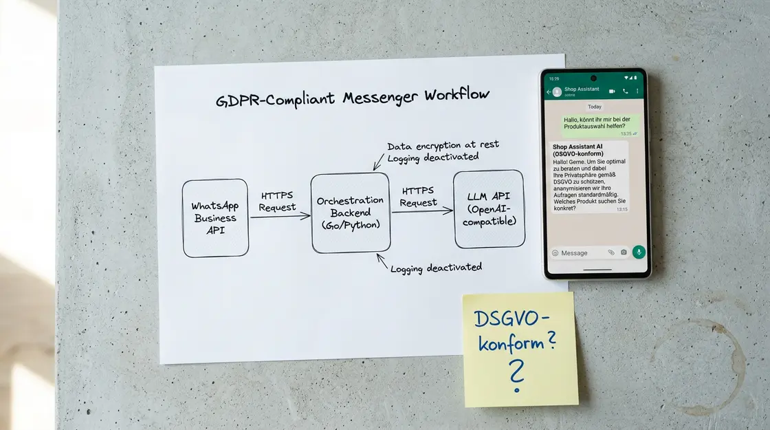 Architektur-Diagramm: WhatsApp API, Backend und KI-API als drei Schichten