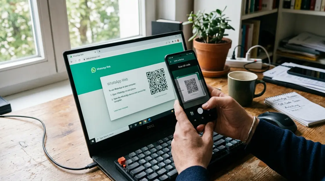 WhatsApp Web, QR-Code – Smartphone scannt WhatsApp Web QR-Code auf Laptop-Monitor