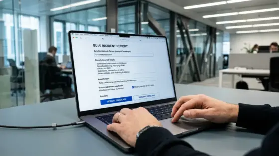 Whistleblower, KI-Sicherheit – KI-Sicherheitsforscherin meldet Verstoß über digitalen Whistleblower-Kanal auf Laptop in EU-Büro