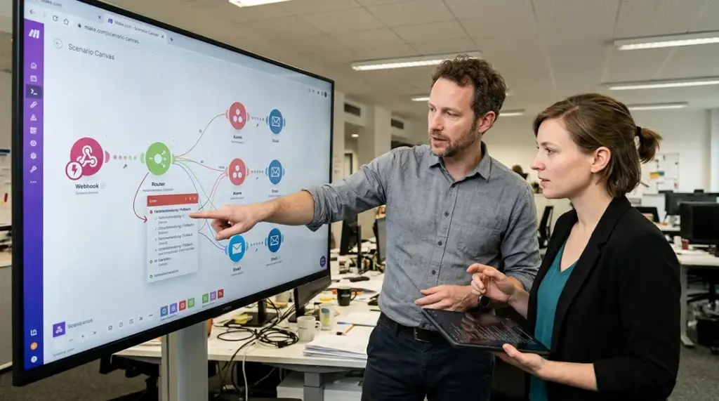 Workflow Orchestration, Business Automation – Zwei Mitarbeitende analysieren einen Workflow Orchestration Plan auf einem Büromonitor