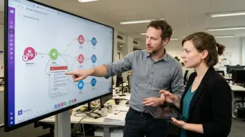 Workflow Orchestration, Business Automation – Zwei Mitarbeitende analysieren einen Workflow Orchestration Plan auf einem Büromonitor
