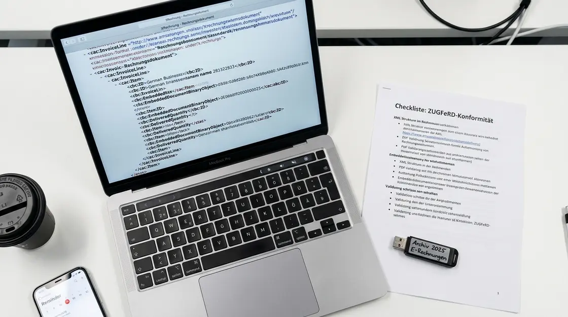 XRechnung XML-Format auf Laptop-Bildschirm mit Archivierungs-Checkliste