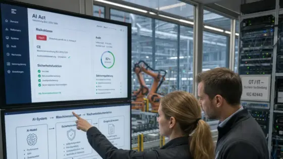 AI Act, Maschinenrecht, Sektorregulierung – Pruefer kontrolliert KI-gestuetzten Roboterarm im Rahmen von AI Act und Maschinenrecht