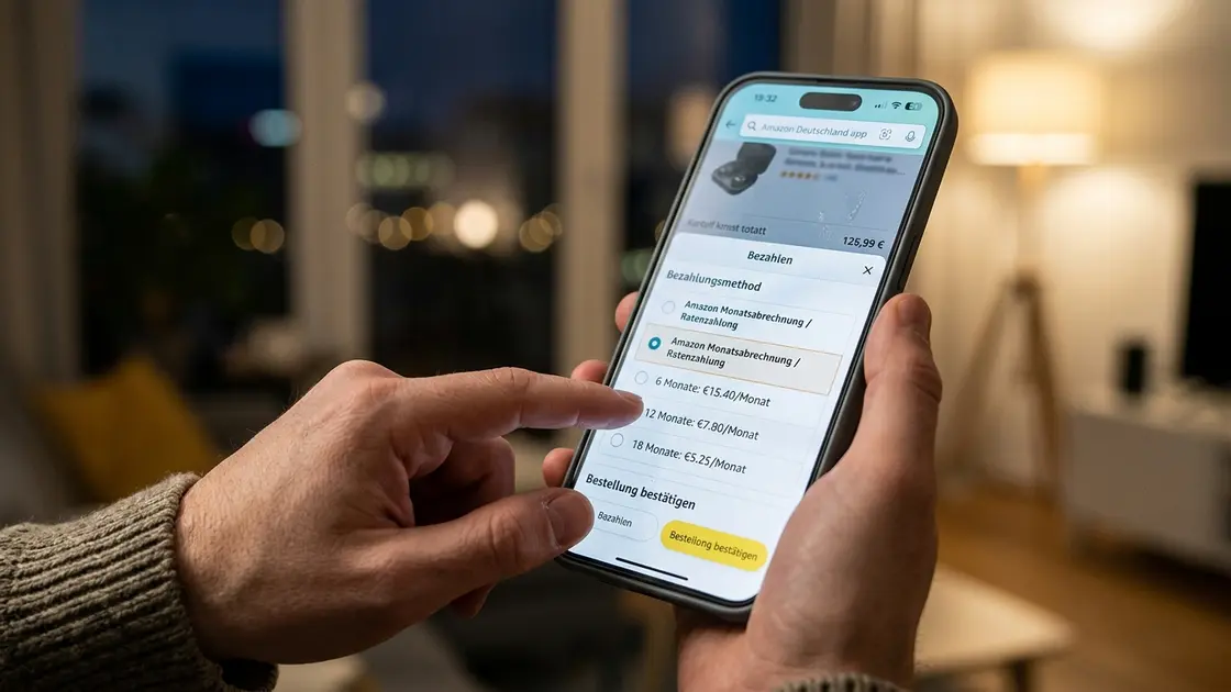 Kundin wählt Ratenzahlung ohne Bonitätsnachweis im Amazon-Checkout auf dem Smartphone