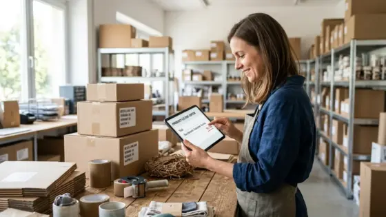 Online-Händlerin prüft Amazon Produkttitel im Listing-Editor auf einem Tablet