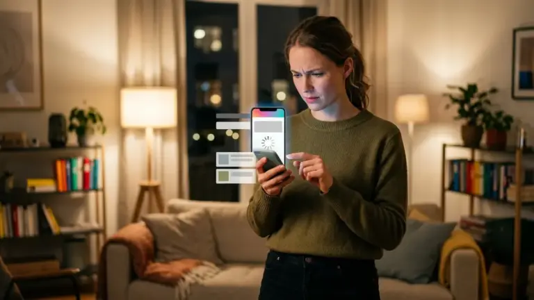 Störung, Kaufhistorie, Zahlungsdaten – Person schaut frustriert auf Smartphone während App Store Störung bei einem digitalen Kauf