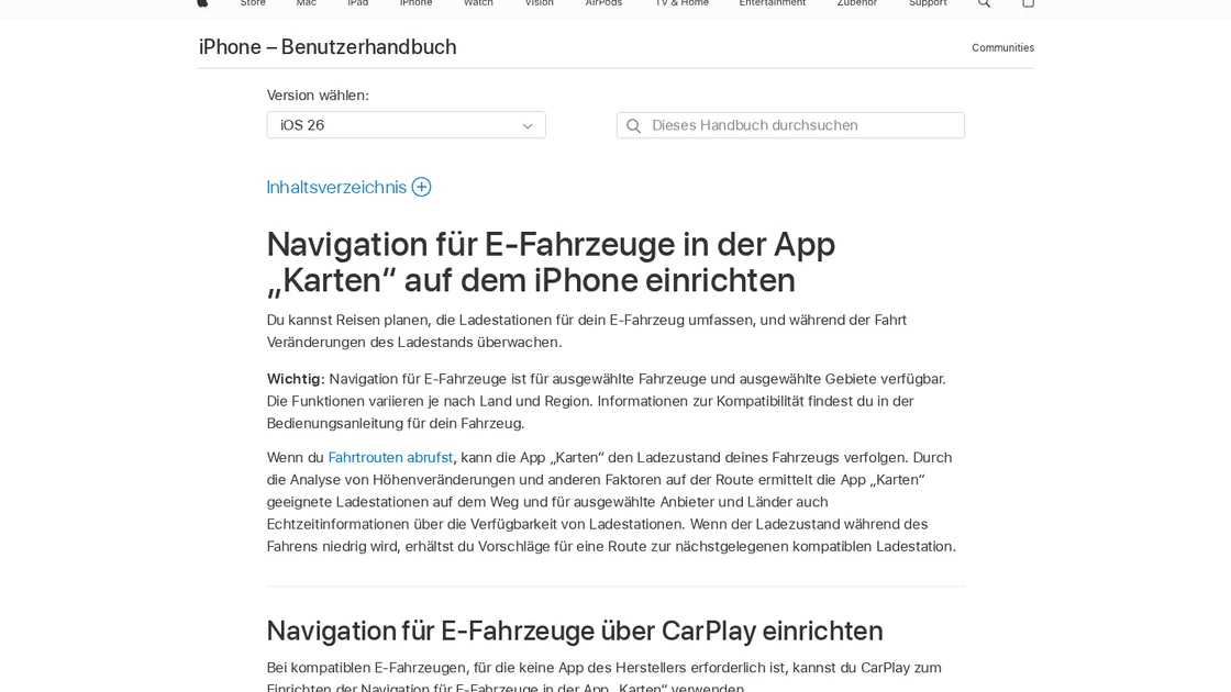 Offizielle Apple-Supportseite zur Navigation für E-Fahrzeuge in Karten