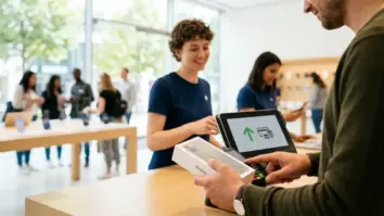 Upgrade, Klarna, Leasing – Kundin am Apple Store Checkout beim Abschluss eines Apple Upgrade Leasing-Vertrags