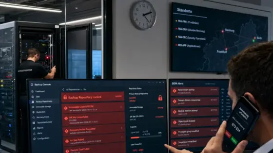 Backup-Sicherheit, Disaster Recovery, Ransomware-Prävention – Admin prüft kompromittiertes Backup-System als Symbol für Backup-Sicherheit gegen Ransomware