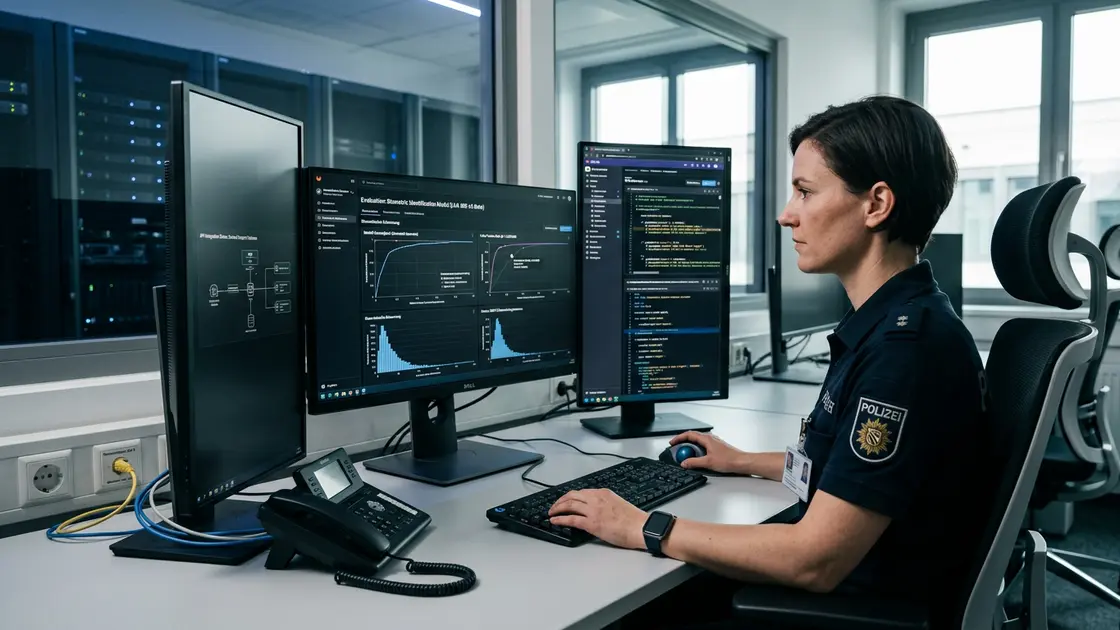 Polizeibeamter prüft Genehmigungsformular für biometrische Erkennung neben Gesichtserkennungs-Software