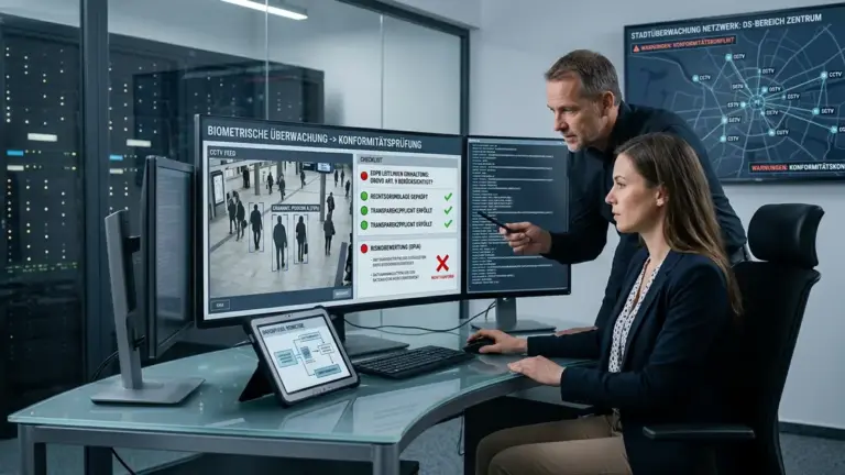 Biometrische Überwachung, EDPB-Leitlinien, DSGVO – Gesichtserkennungs-Gate am Flughafen als Symbol fuer biometrische Ueberwachung unter verschaerften EDPB-Leitlinien