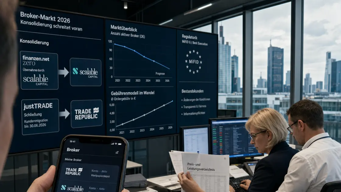 Broker-Markt, Konsolidierung, Trading-Gebühren – Broker-Markt Konsolidierung 2026: Fusionsstruktur kleinerer Trading-Plattformen auf einem Bildschirm