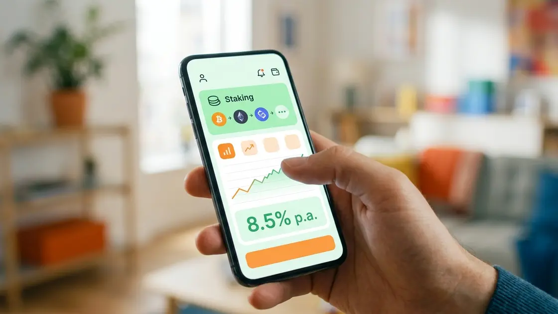 Smartphone zeigt Staking-Rewards und Renditeanzeige in einer Krypto-Broker-App