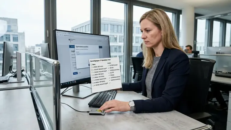 BSI-Portal, Unternehmenskonto, ELSTER-Zugriffskontrolle – Mitarbeiterin prüft Zugriffsrechte im BSI-Portal über das Unternehmenskonto