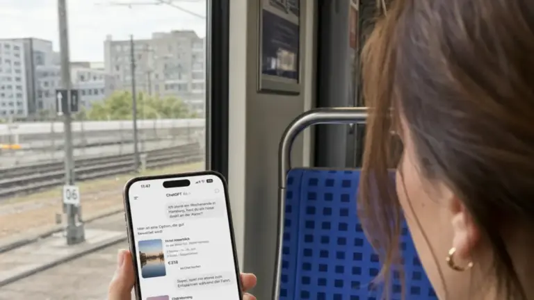 ChatGPT Apps, integrierte Services, Mobile Consumer – Person nutzt integrierte Services direkt im ChatGPT Apps SDK auf dem Smartphone im Zug
